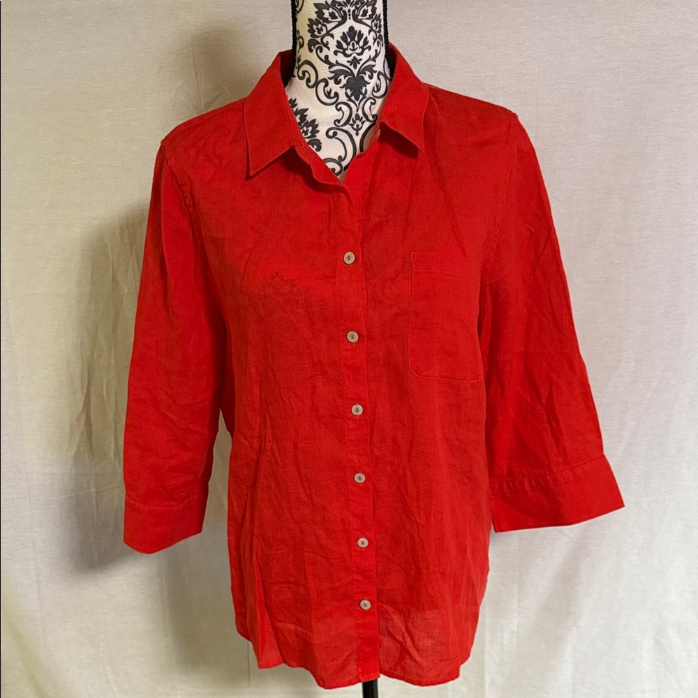 Chico's No-Iron Fresh Chic Linen Vibrant Red Button-Down Shirt Size 2 Large EUC